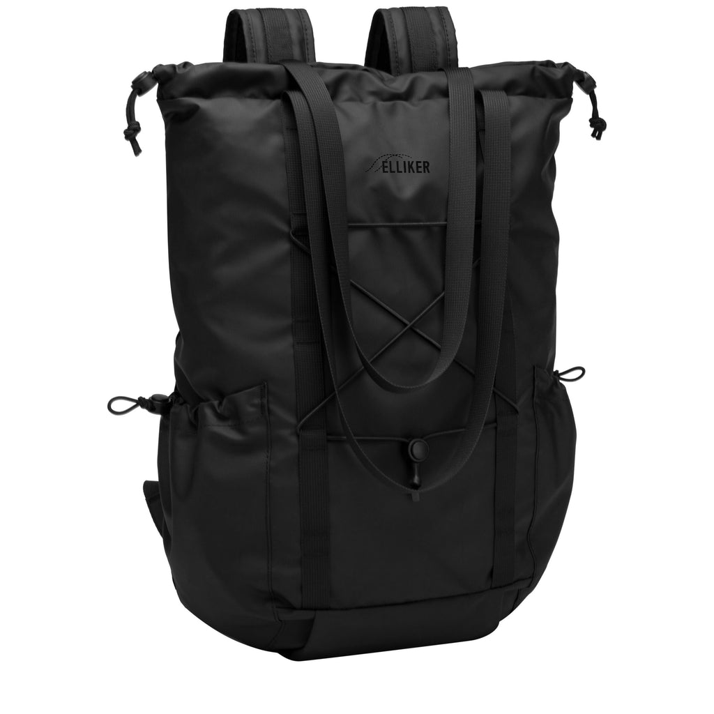 20L black tote backpack with adjustable shoulder straps, cinch top, and front organizer pocket