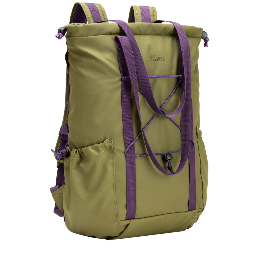 20L khaki tote backpack with purple shoulder straps and side drawstring cords