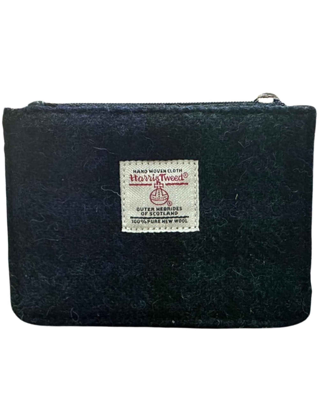 Tweed coin card wallet in dark blue-green with top zip and woven brand label
