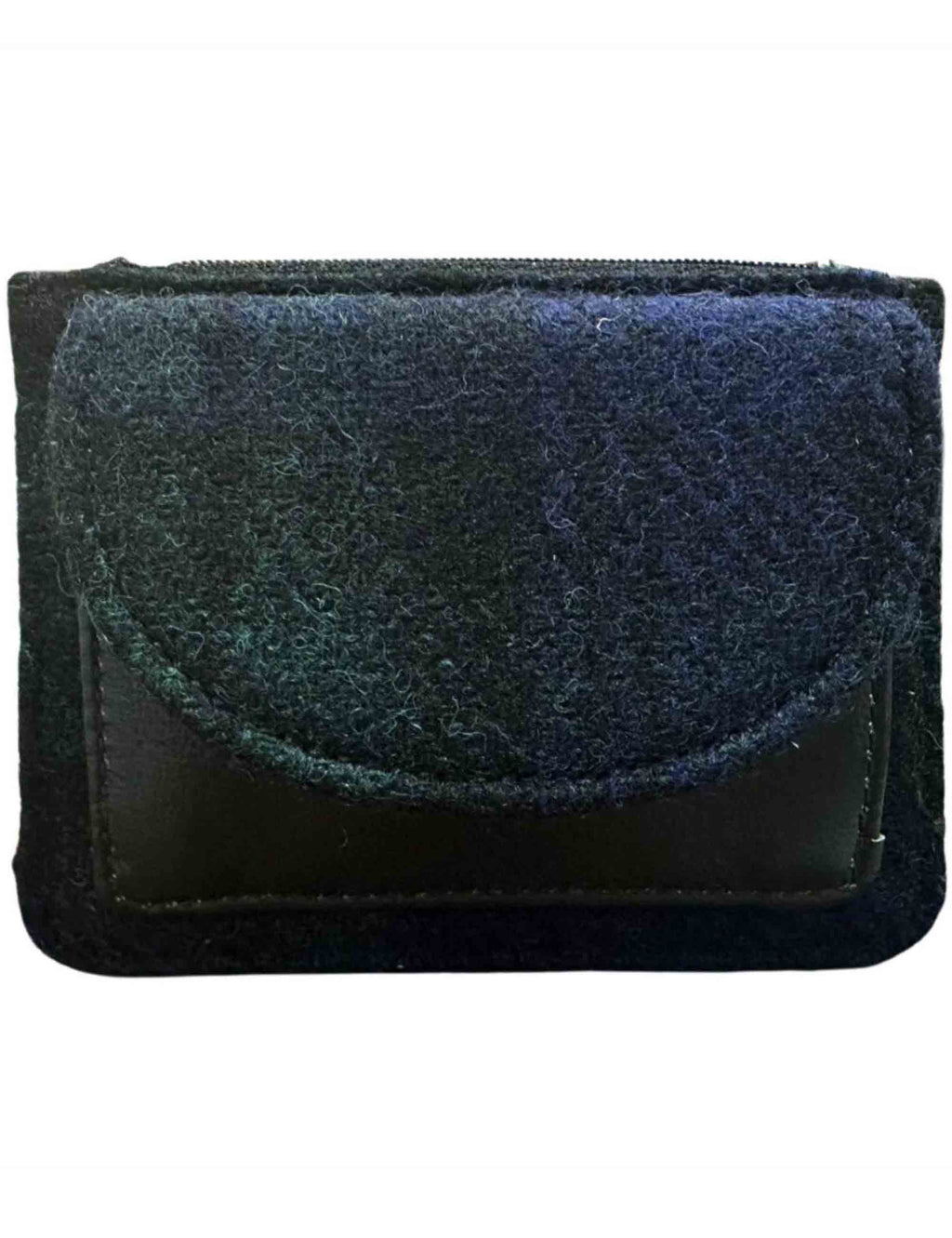 Tweed coin card wallet with front card pocket seam and top zip closure
