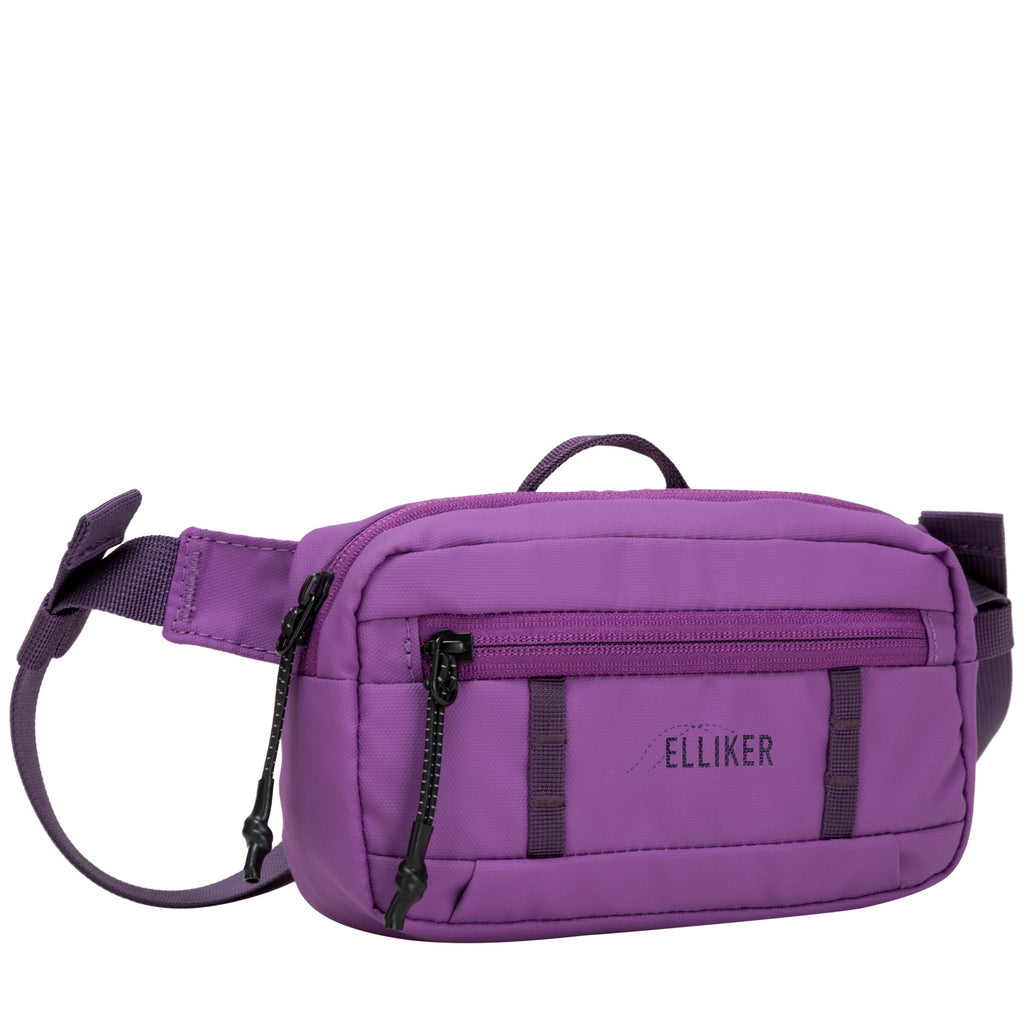 Purple crossbody sling bag with dark webbing straps, front zipper pocket, and logo