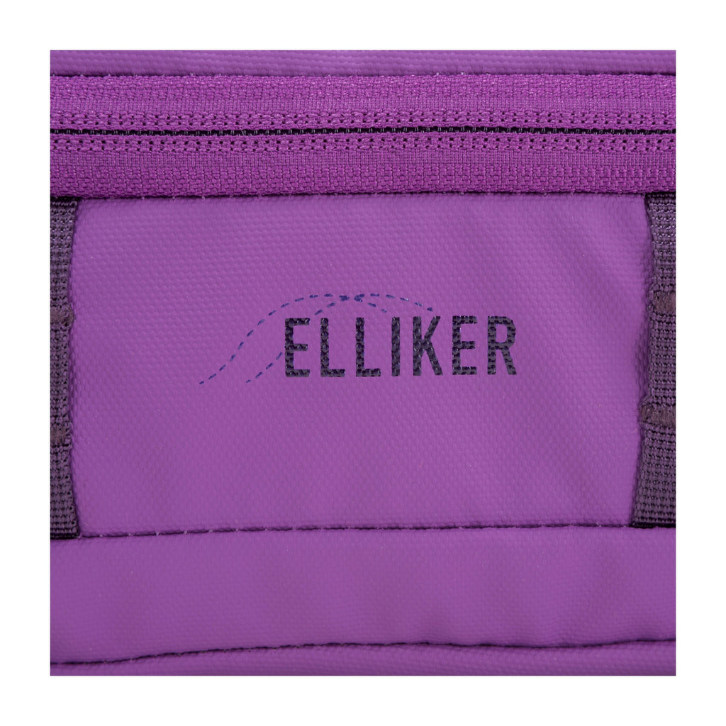 Purple sling bag front close-up with ELlIKER logo and zip pocket detail