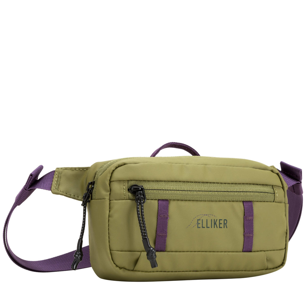 Khaki crossbody sling bag with purple webbing accents, front zipper pocket, and logo