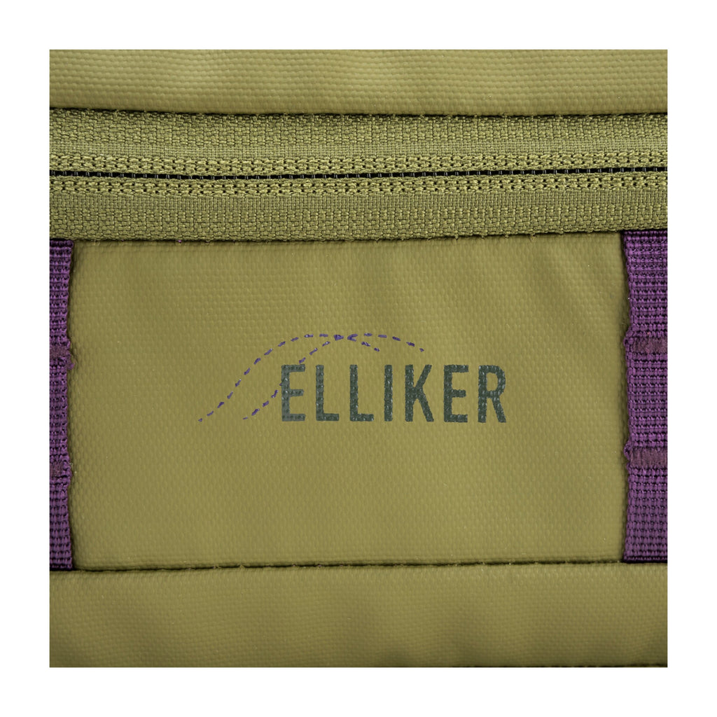 Khaki sling bag front close-up with ELlIKER logo and zip pocket detail