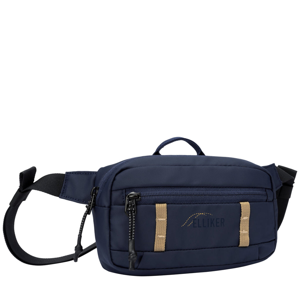 Navy crossbody sling bag with adjustable straps, front zipper pocket, and brand logo