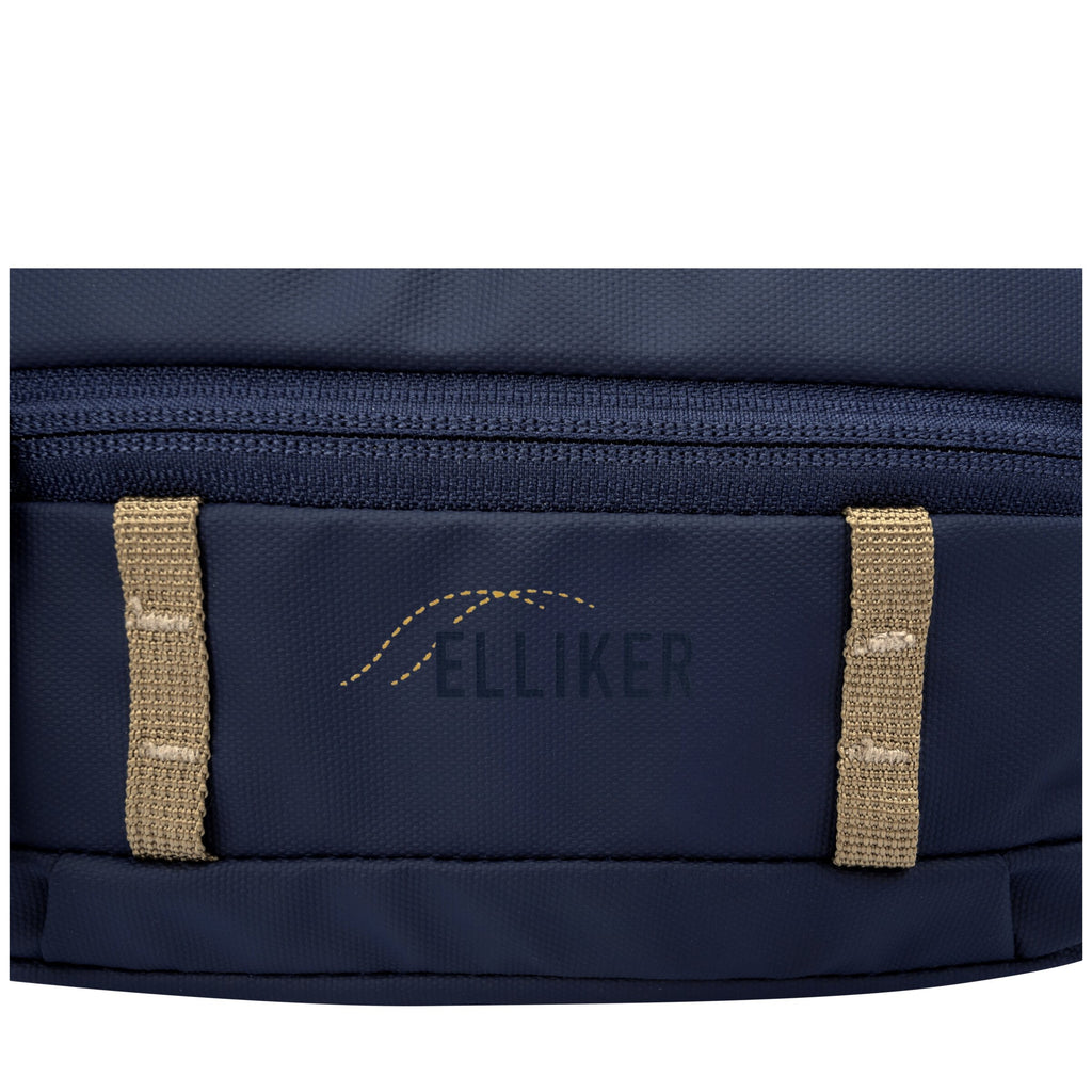 Navy sling bag front panel close-up with ELlIKER logo and zip pocket