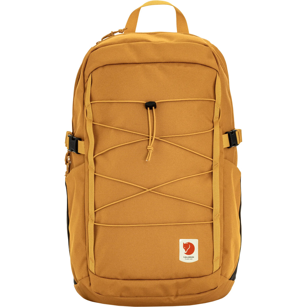 Red gold backpack with front pocket and drawstring cord detail
