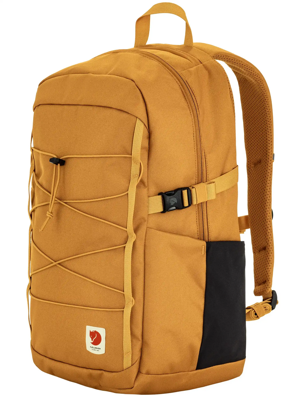 Red gold backpack with side zipper pocket and adjustable chest strap