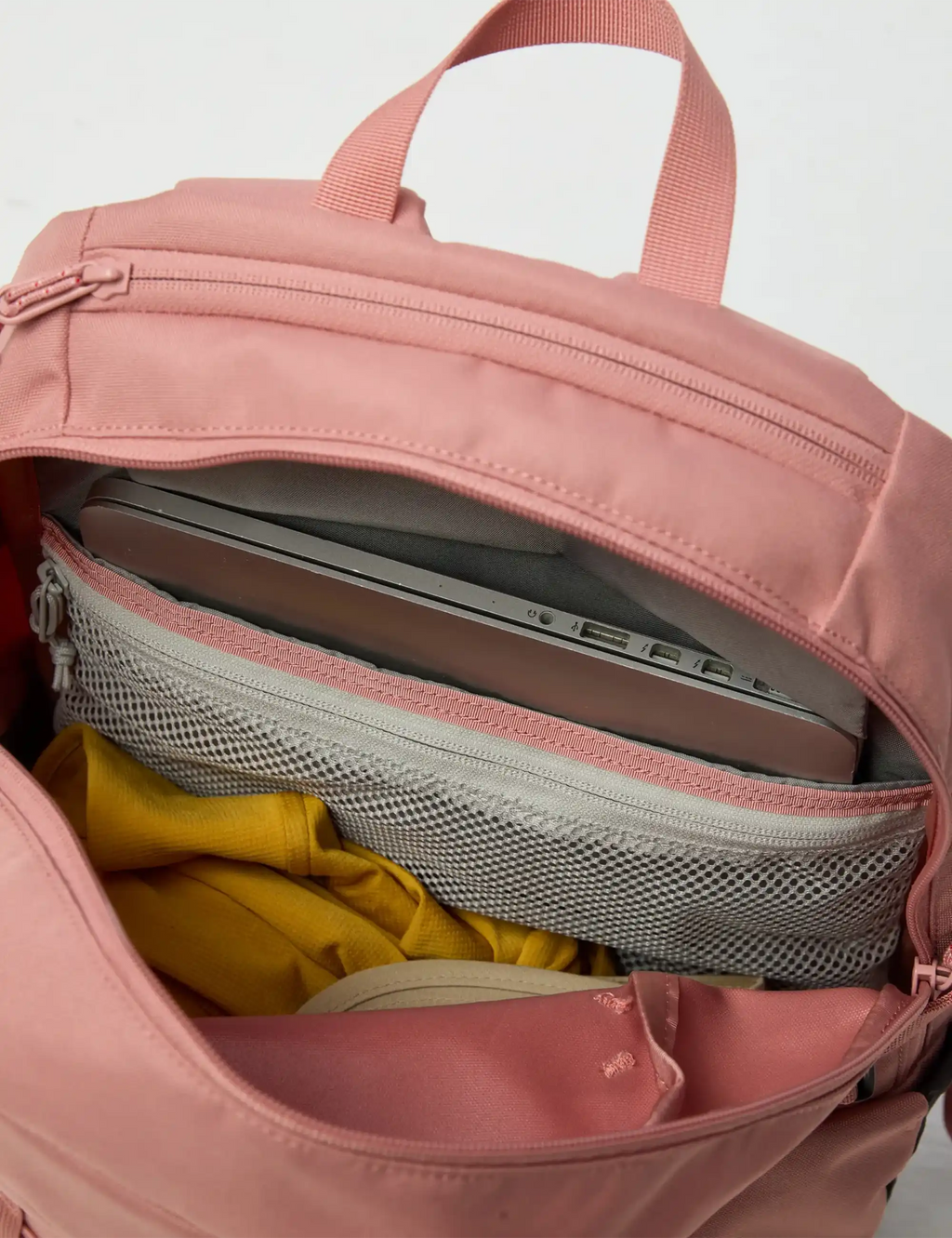 Dusty rose backpack open main compartment with mesh divider and interior pockets