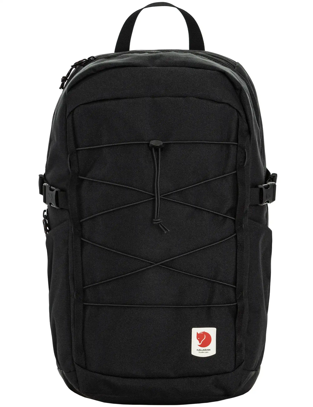 Black 24L backpack with front zip pocket, drawstring straps, and logo patch
