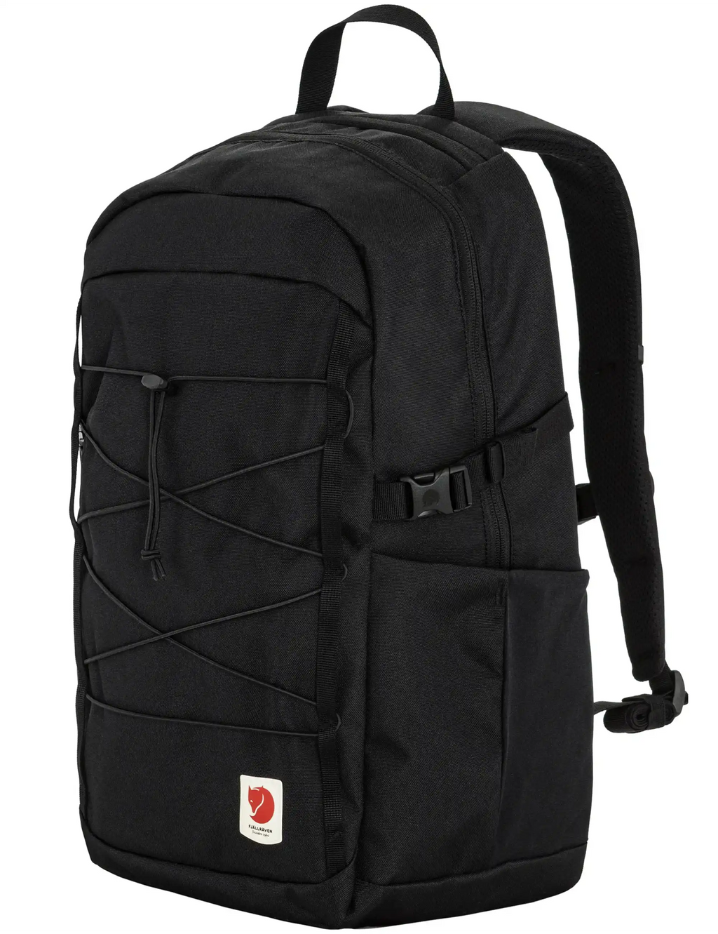 Black 24L backpack side view with logo patch, front compartments, and carry handle