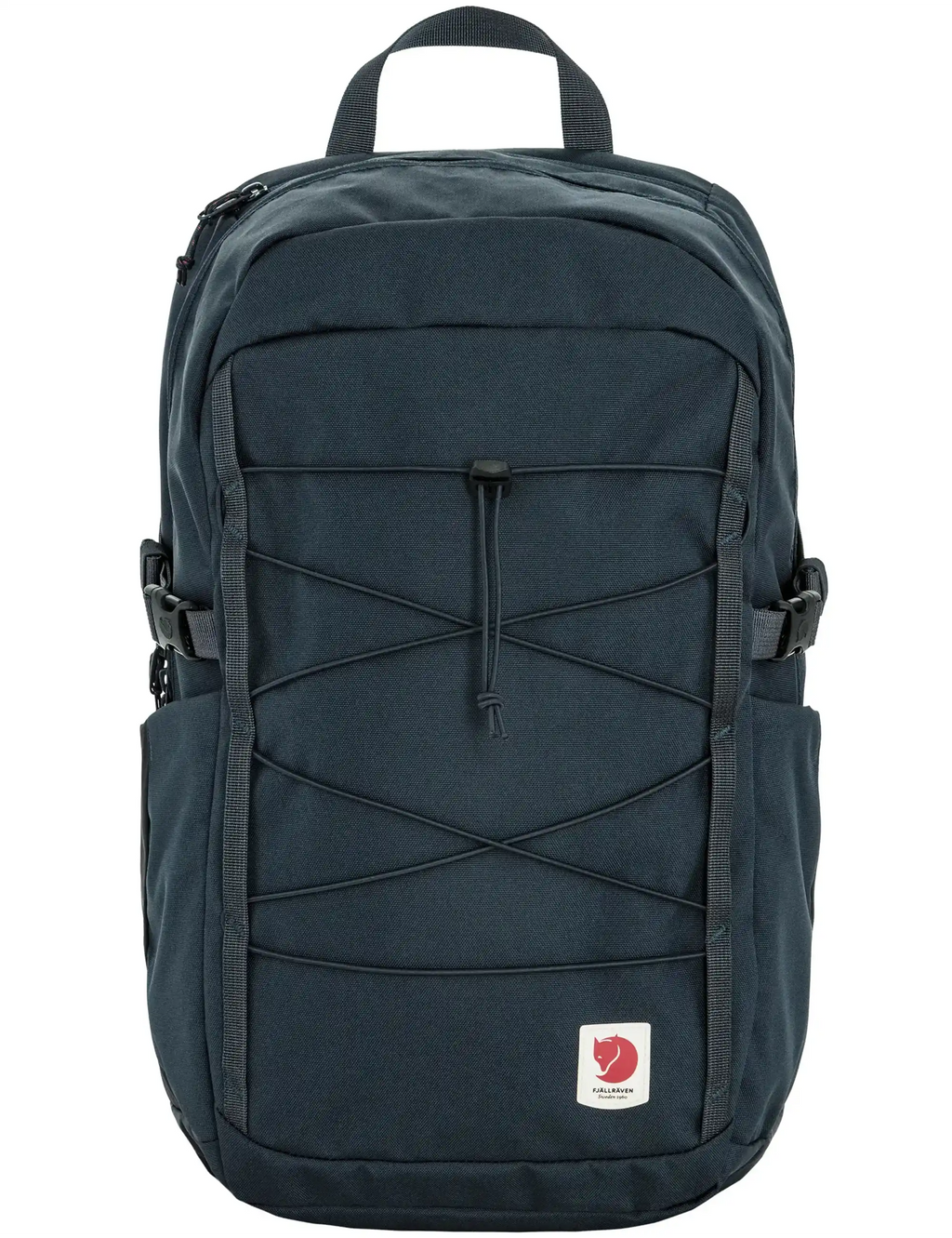 Navy 24L backpack with front zip pocket, multiple straps, and small logo patch