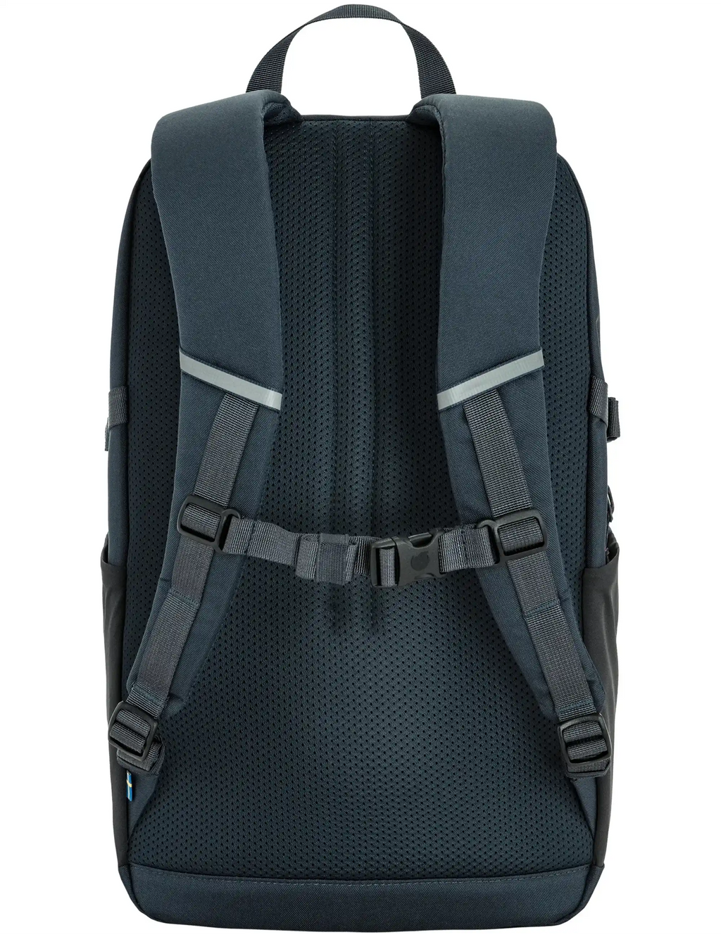 Navy backpack back view with padded shoulder straps and ventilated mesh panel