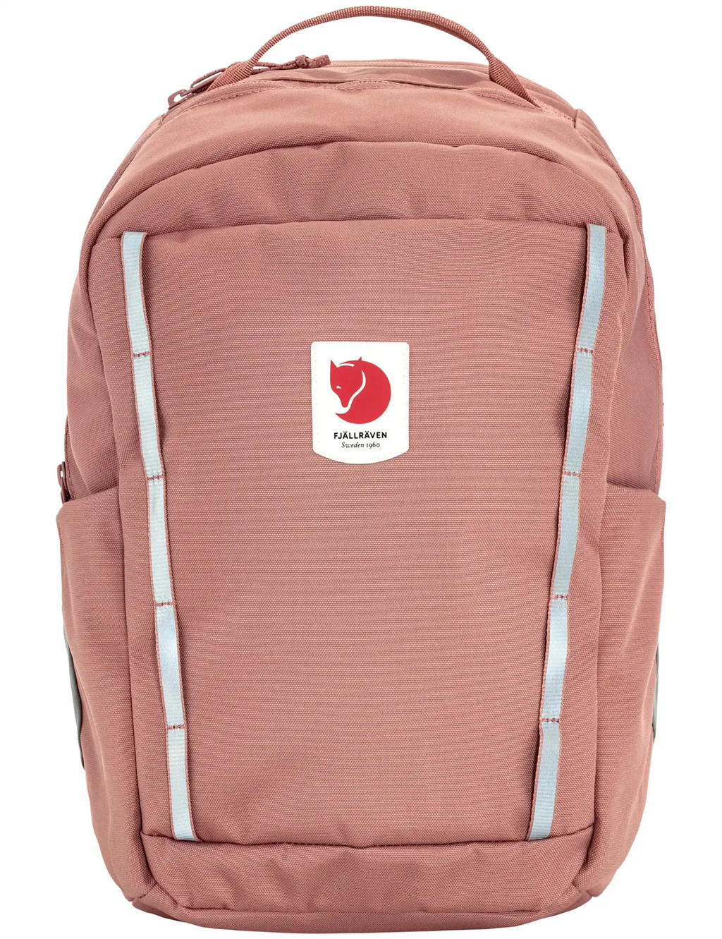 Kids dusty rose backpack with front zip pocket, Fjällräven logo patch, white trim