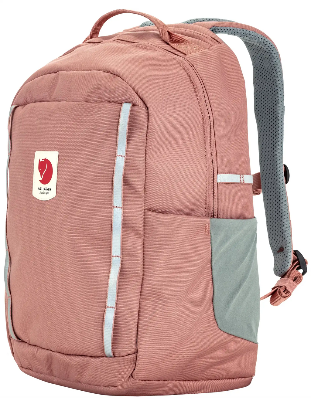 Kids dusty rose backpack with side pocket, gray back panel, and Fjällräven logo patch