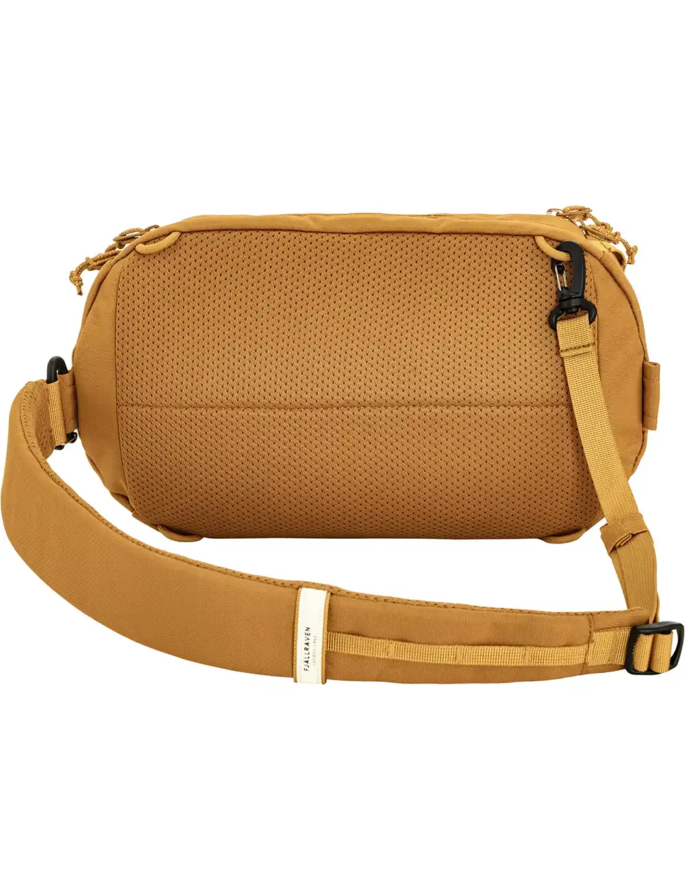 Tan sling bag with perforated side panel, zip top, and adjustable shoulder strap