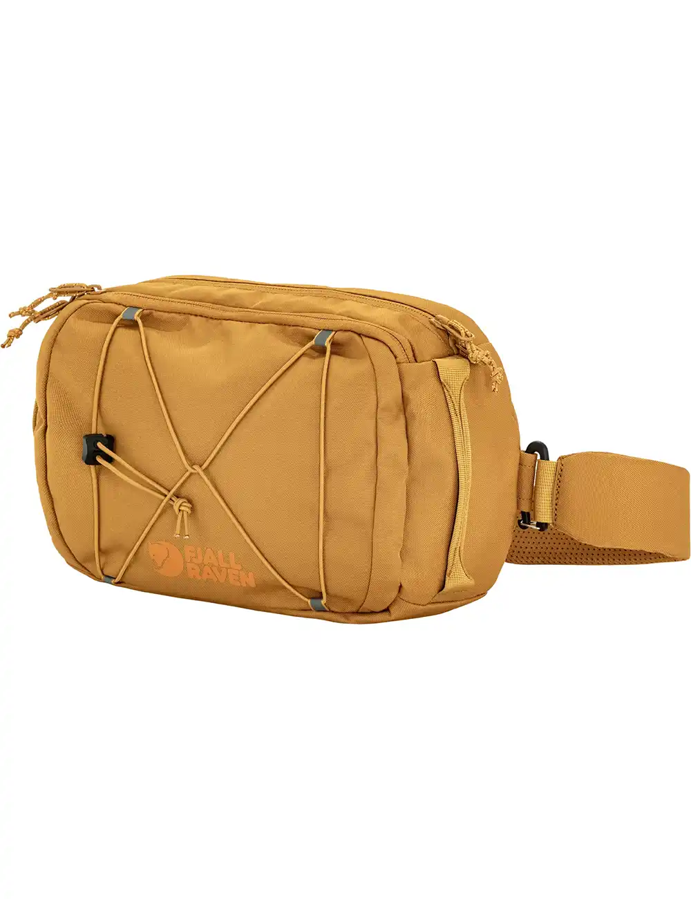 Tan sling bag front with crisscross cord, small front pockets, and logo patch