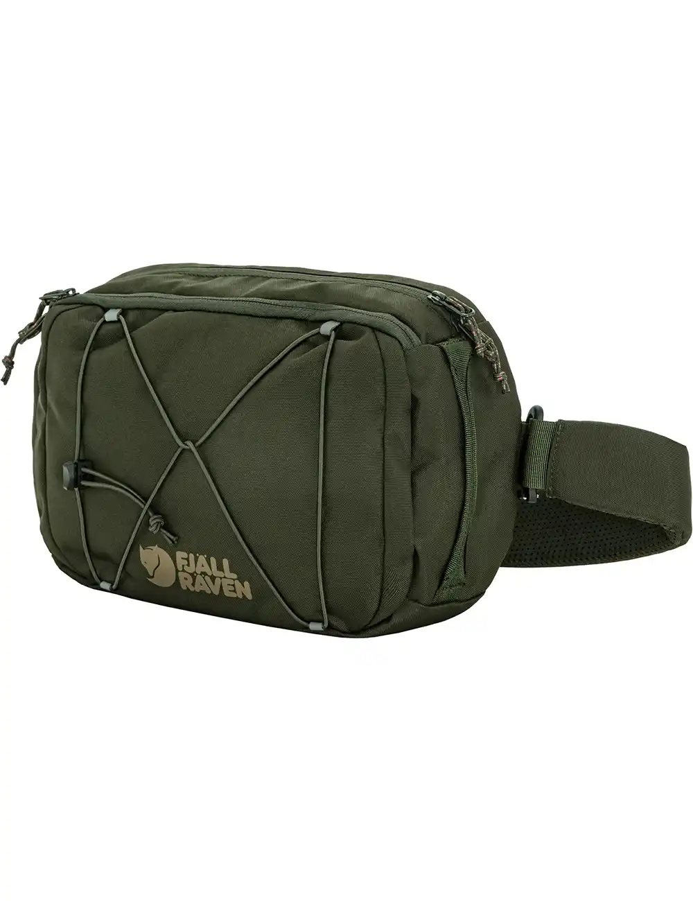 Skule sling bag in dark green with Fjallraven logo, front straps, and crossbody strap