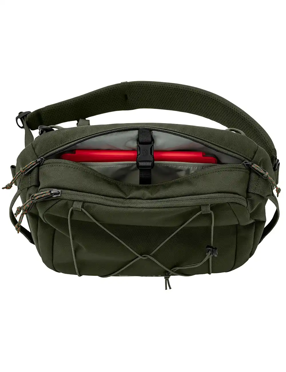 Skule sling bag in dark green, front zip pocket and webbing shoulder strap