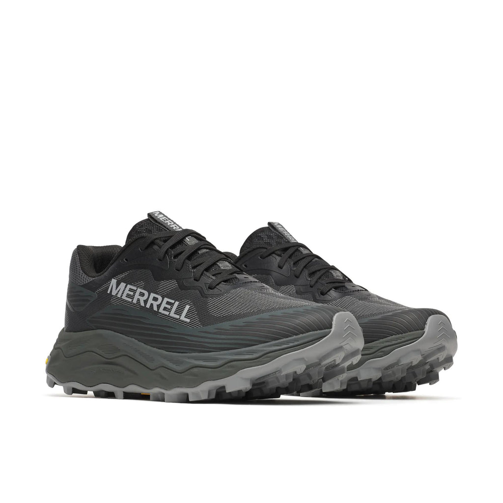 Merrell Agility Peak 6 trail running shoe in Black, three-quarter angle