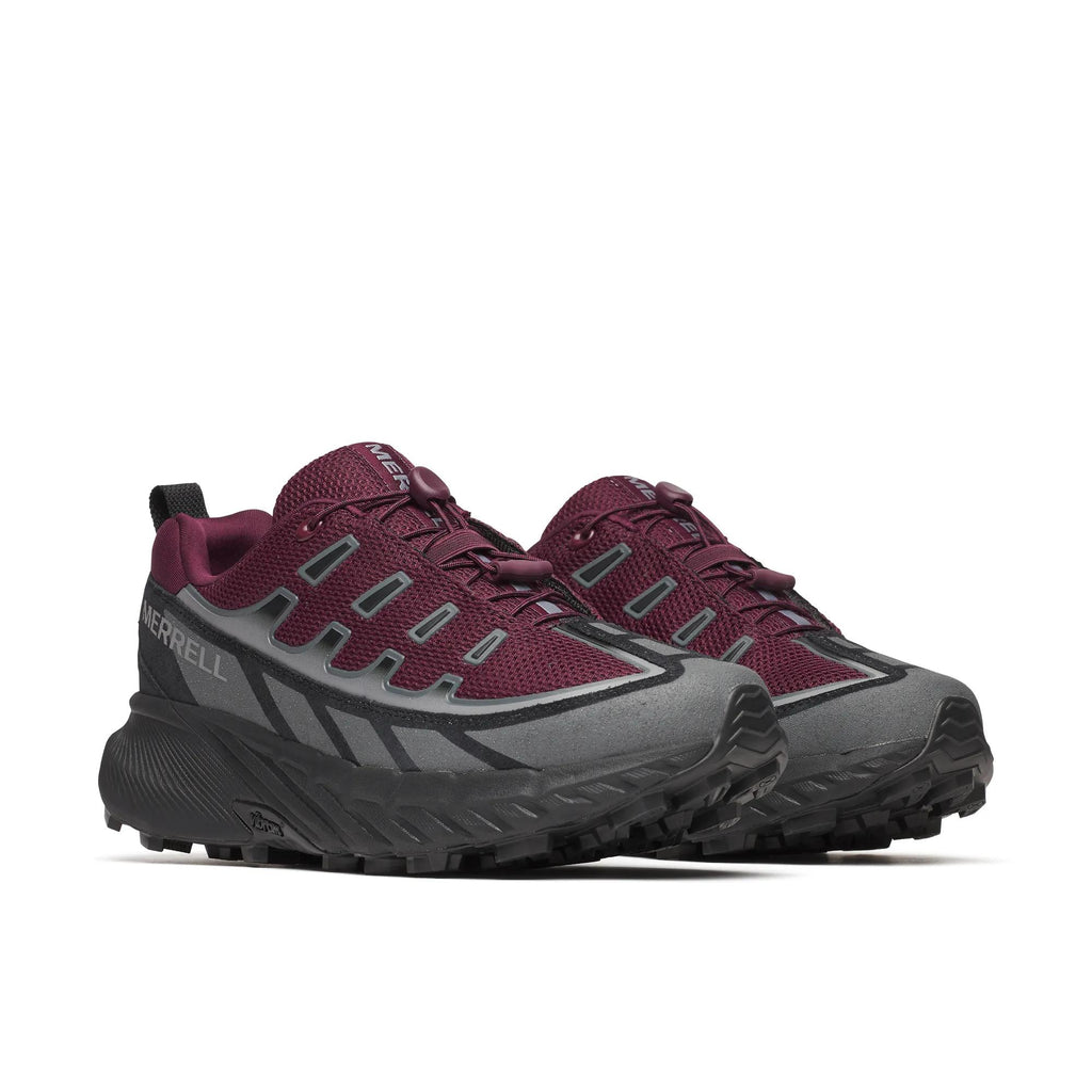 Merrell Agility Peak 5 trail running shoe in Dark Cherry, three-quarter angle