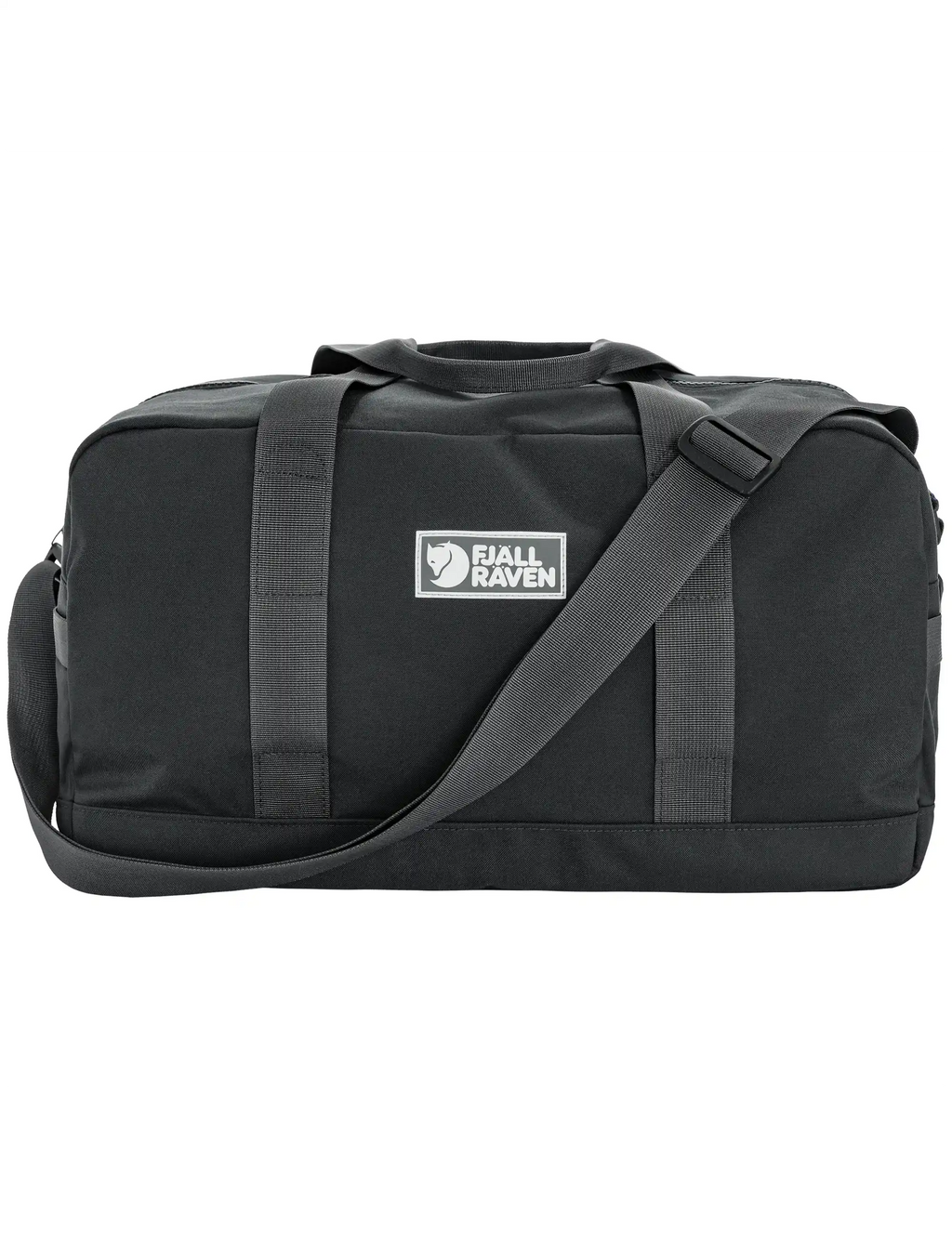 Coal black duffel bag with top handle and shoulder strap, Fjällräven logo patch