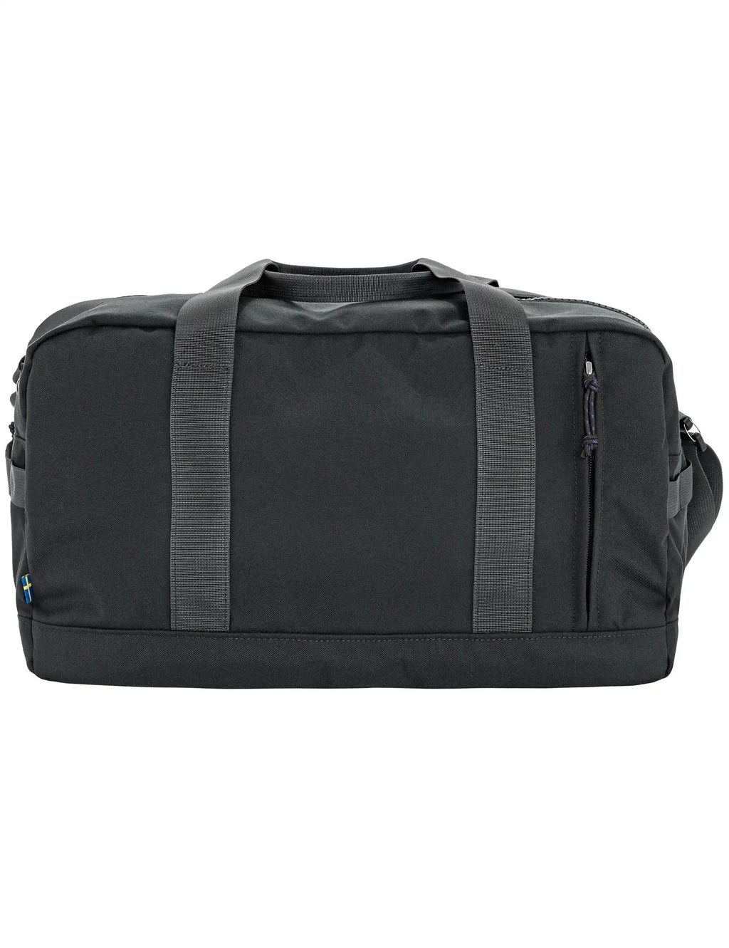 Coal black duffel bag with padded shoulder strap and side zip pocket