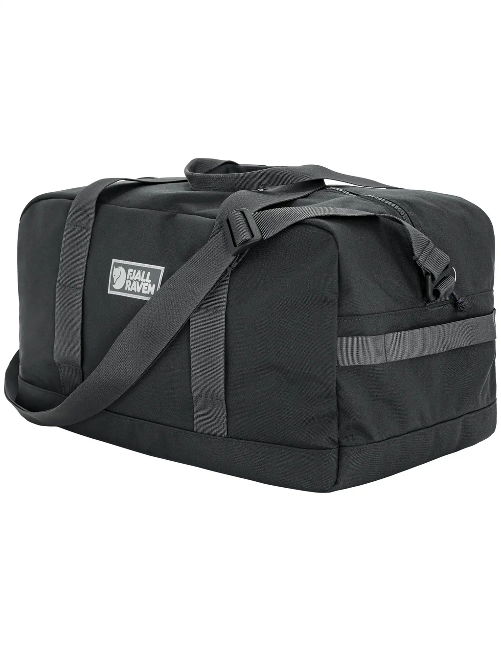 Coal black duffel bag with front zipper and shoulder strap, Fjällräven logo patch