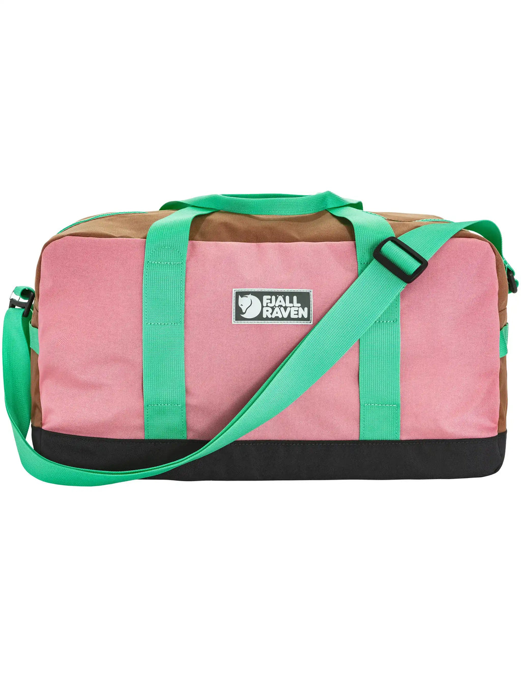 Fjäll Räven duffel bag in pink with green straps and black base, top handle and side zip