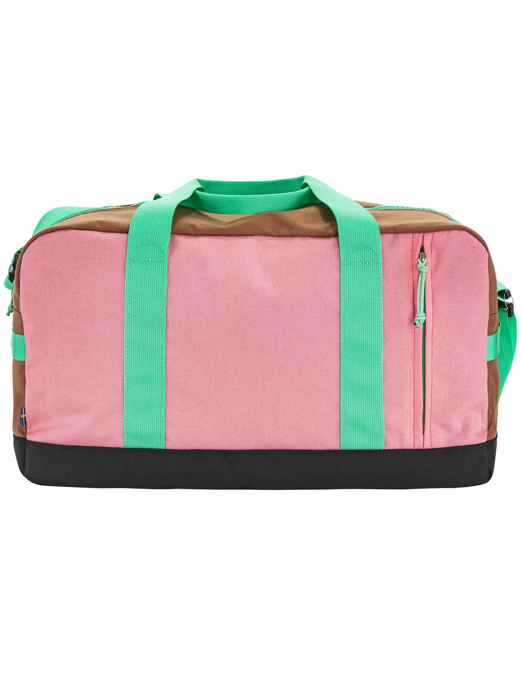 Fjäll Räven duffel bag front view in pink with green panel straps, side zip pocket