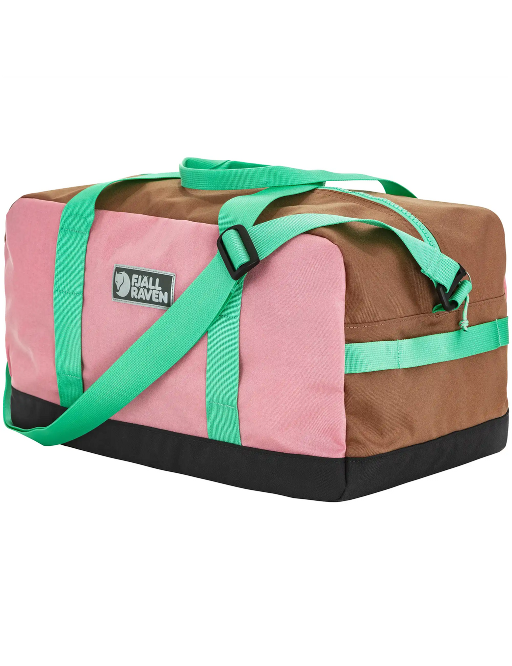 Fjäll Räven duffel bag angled view, pink canvas with green straps, black base