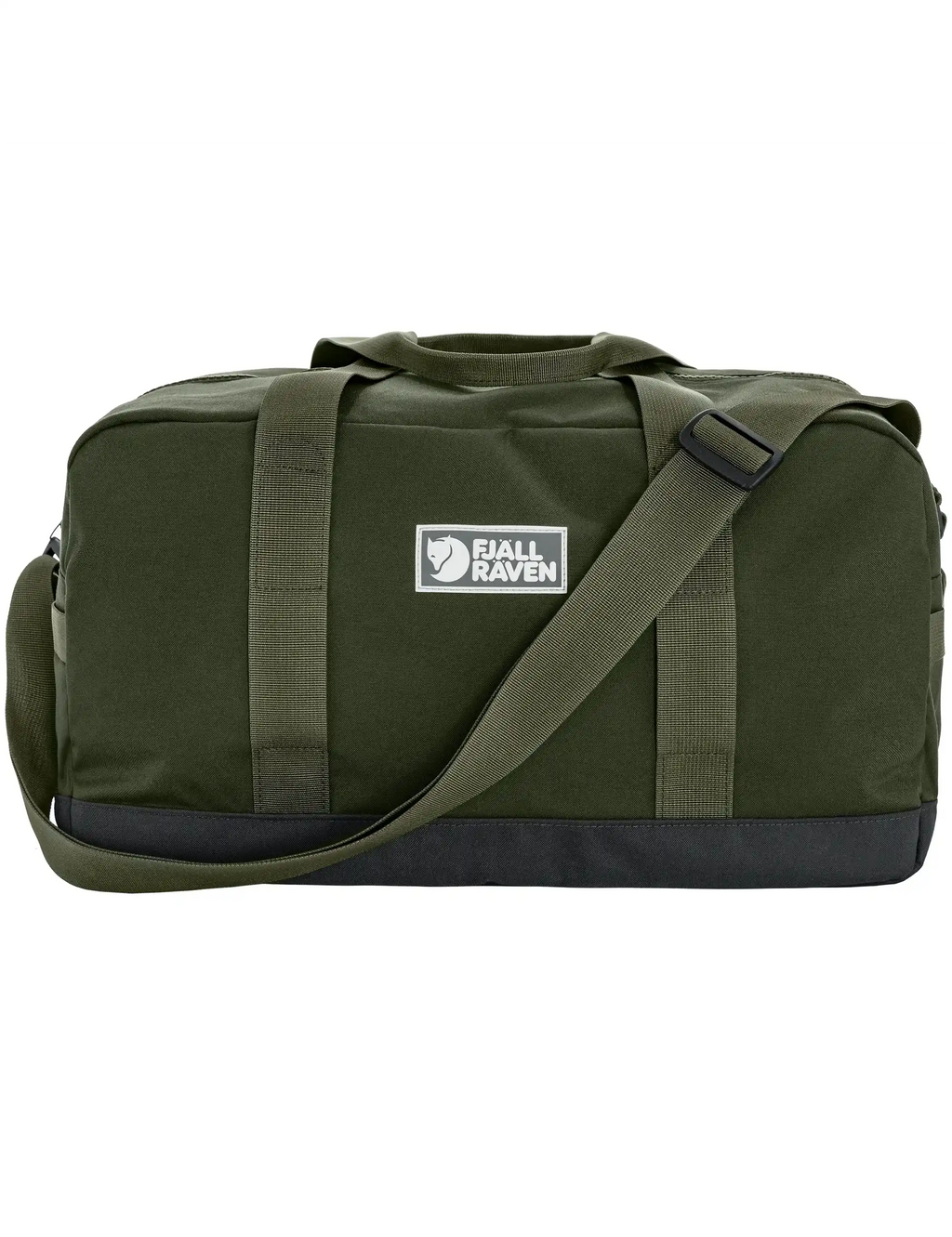 Dark green duffel bag with front logo patch, top handle, and shoulder strap