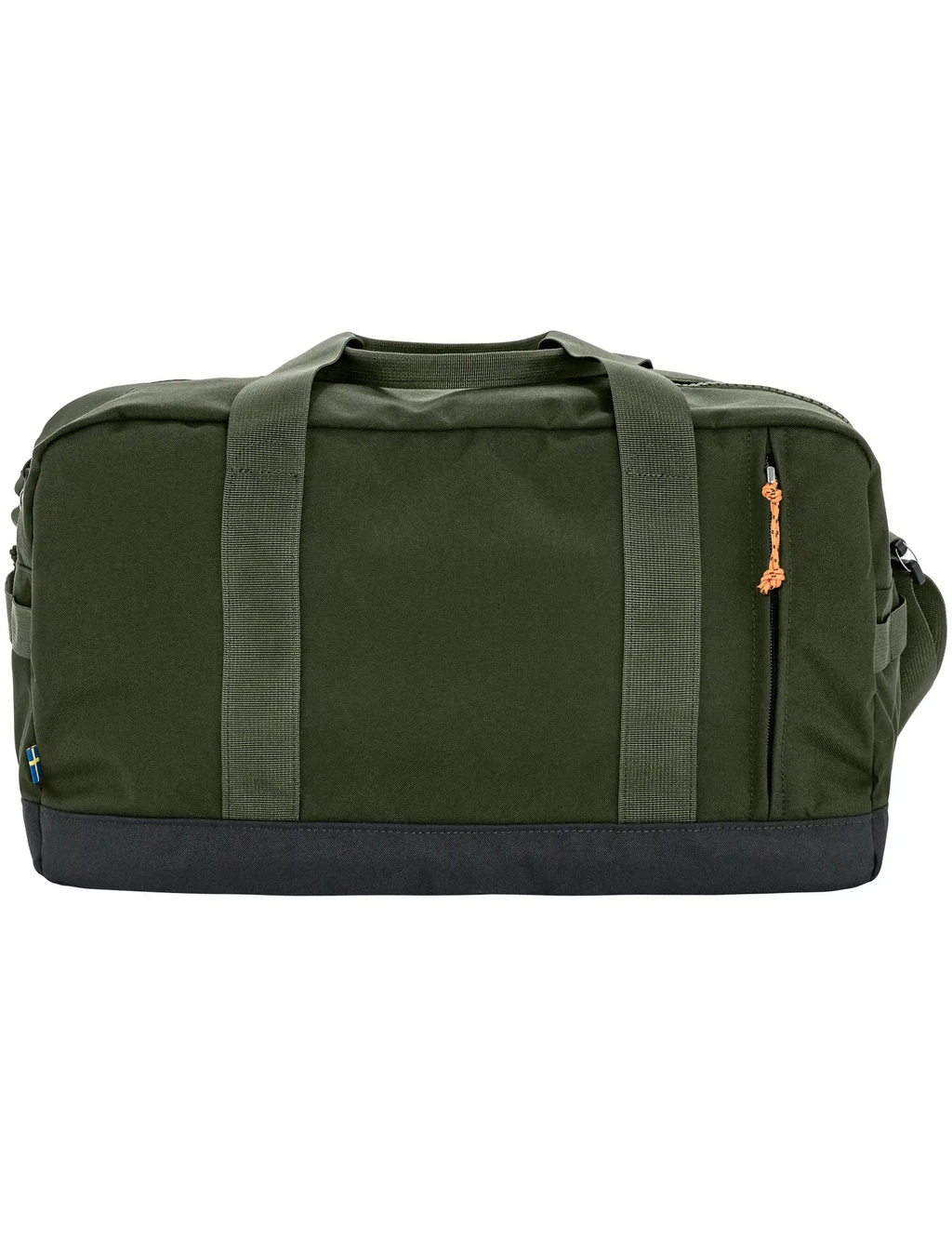 Dark green duffel bag with side zip pockets and padded shoulder straps
