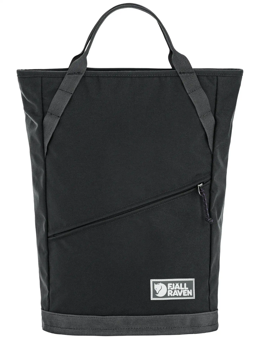 Coal black tote-style backpack with top handles and front zip pocket