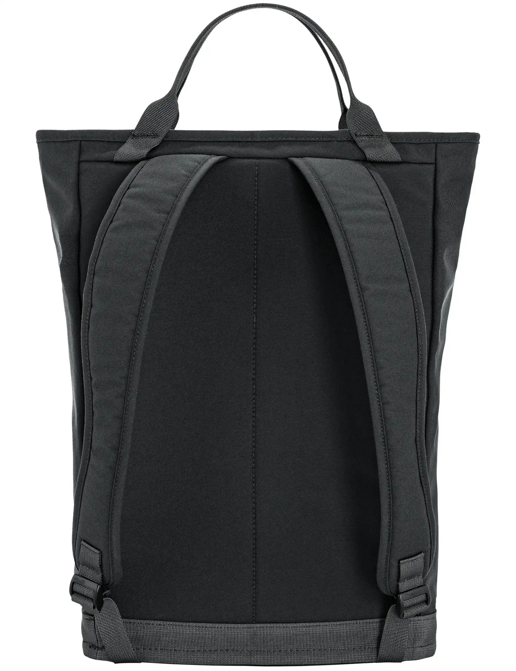 Coal black tote-style backpack viewed from the front, open back panel