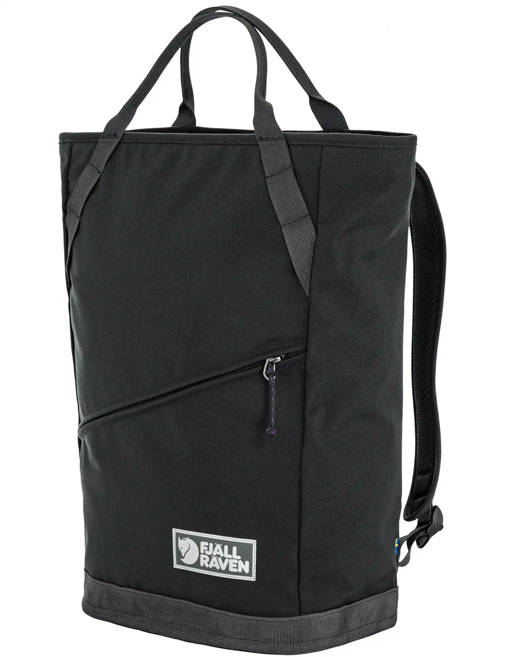 Coal black tote-style backpack with front zip pocket and side grab handle