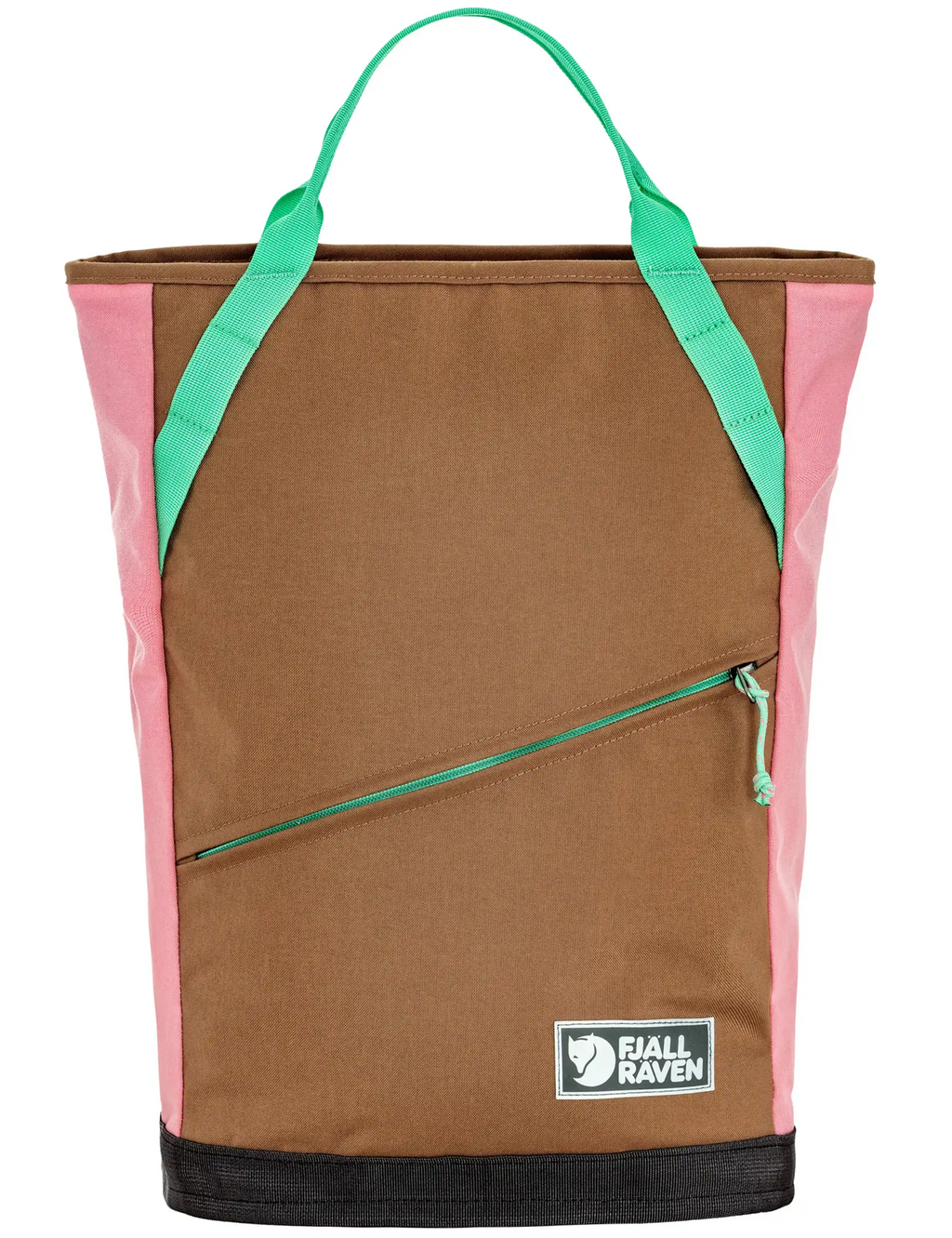 22L totepack backpack with brown front, pink side panels, teal handles and zip pocket