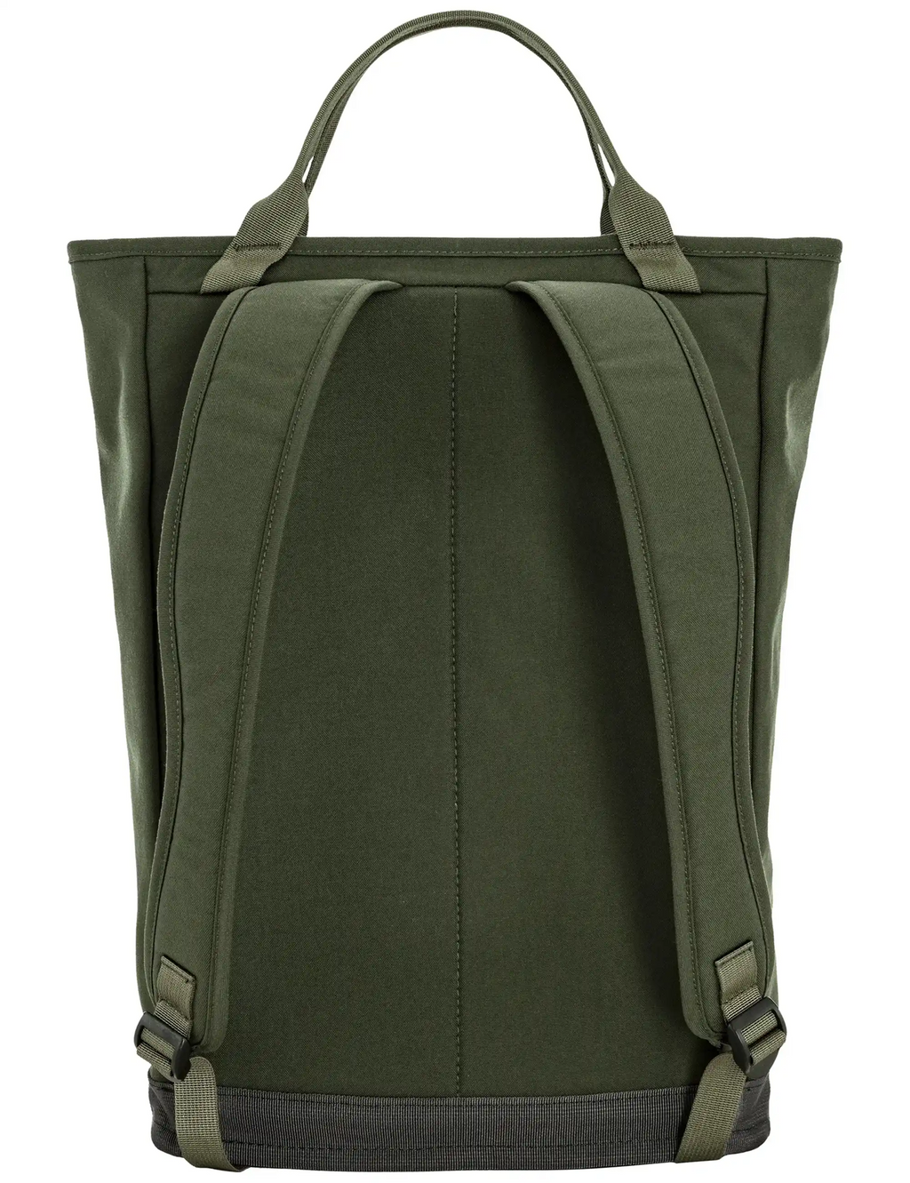 Green tote pack back panel with padded shoulder straps and grab handle loops