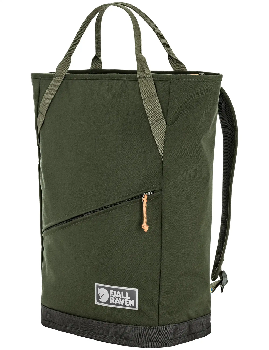 Green tote pack front view with diagonal zipper pocket and orange zipper pull