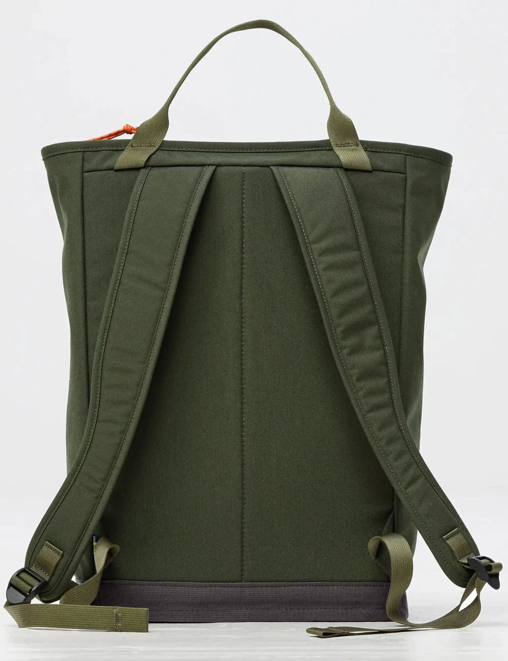 Green tote pack back view with padded shoulder straps and looped carry handles