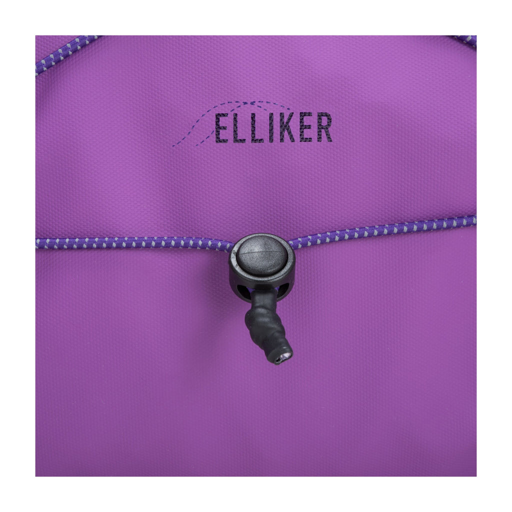 Electric purple duffel backpack close-up of ELLIKER logo and metal zipper pull