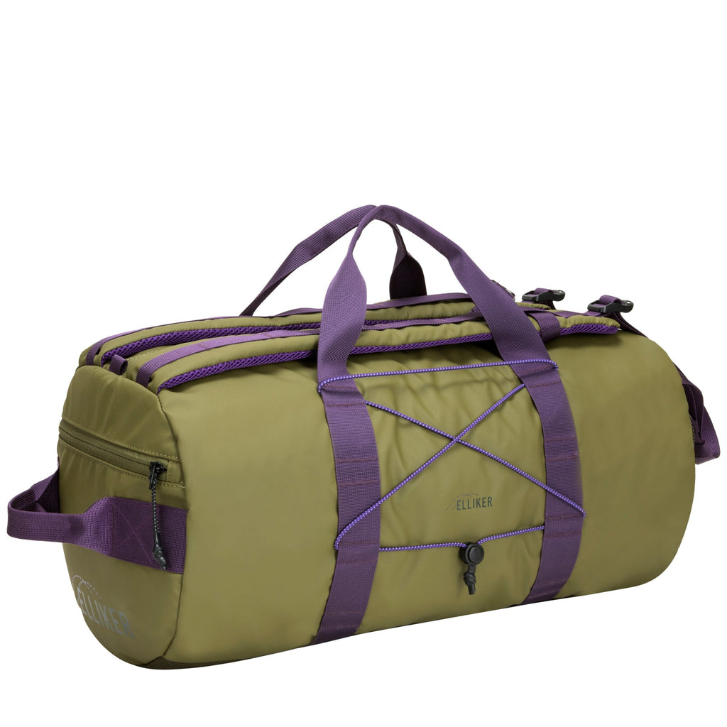 Khaki 32L duffel backpack with purple trim, shoulder strap and front panel