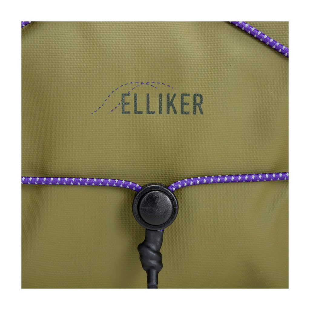Khaki duffel backpack close-up of ELLIKER logo and black zipper pull