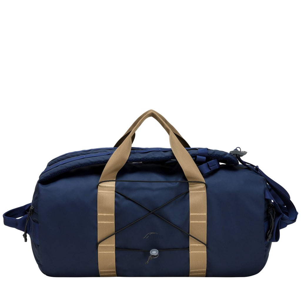 Navy 32L duffel backpack with tan striped handles and cross-front webbing
