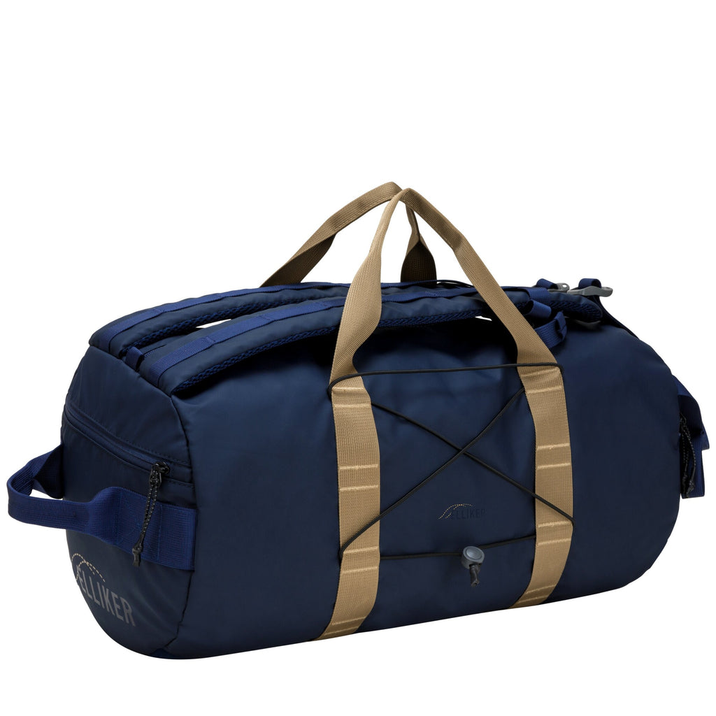 Navy 32L duffel backpack with tan straps, side pocket and zipper pulls