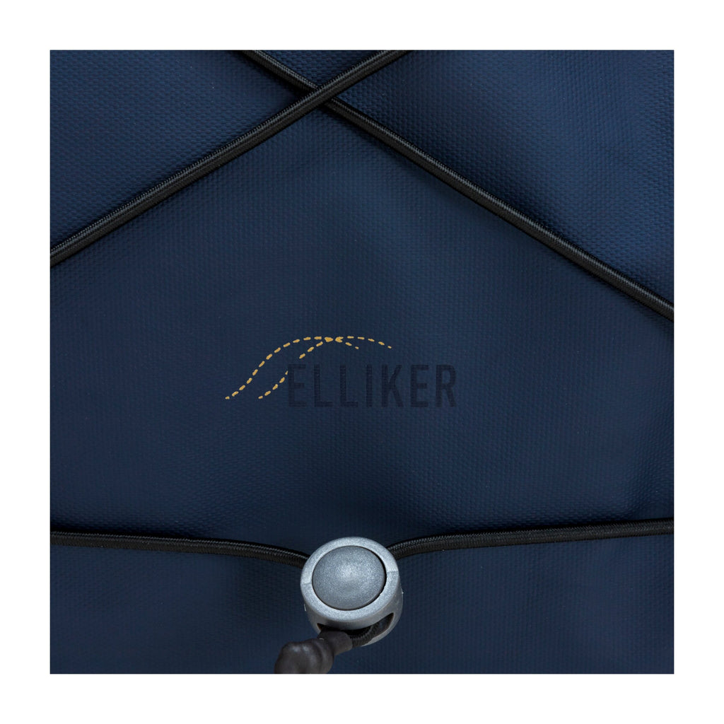 Navy duffel backpack close-up of ELLIKER logo and metal zipper pull